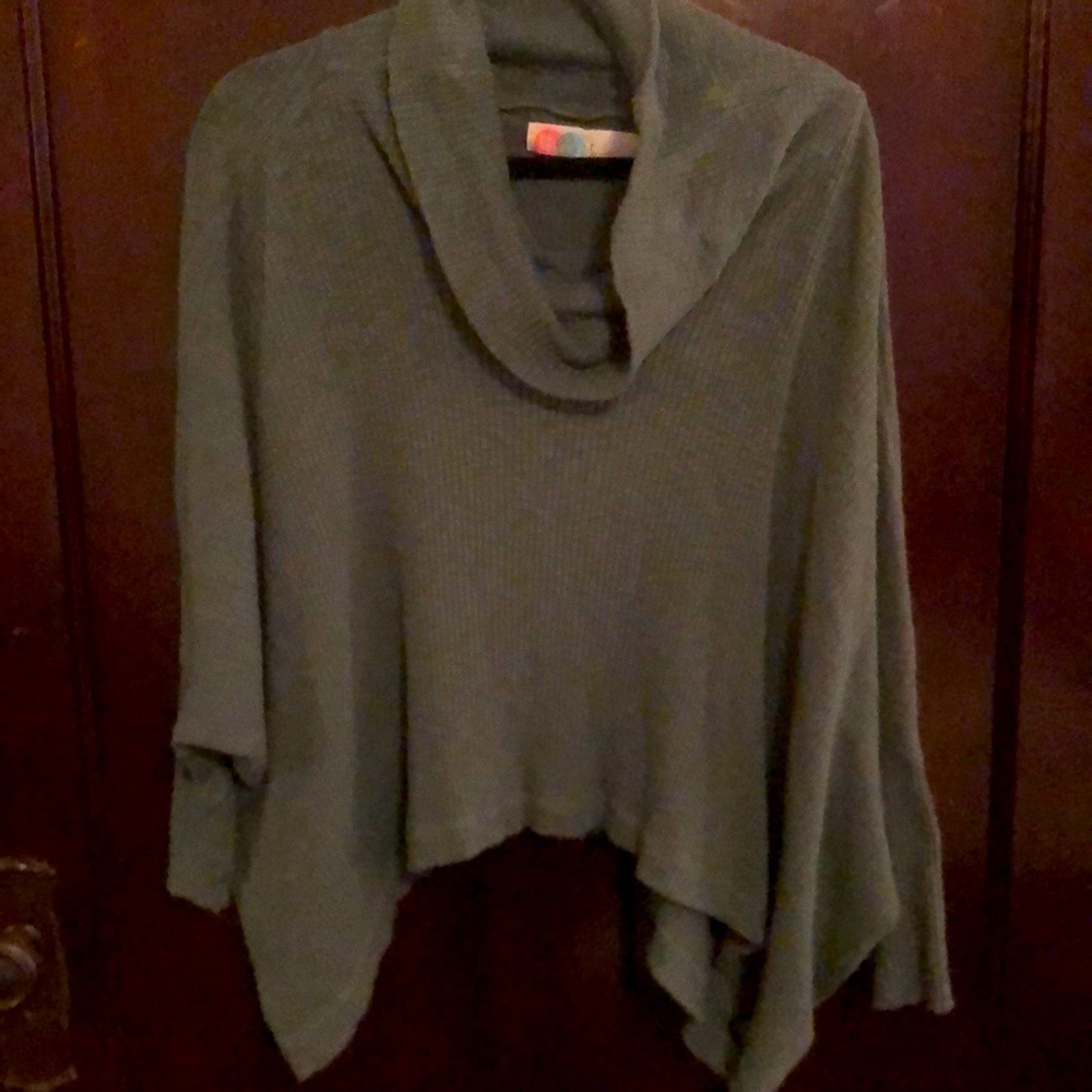 Free People Beach Green three quarter sleeve cowl neck top with open back.
